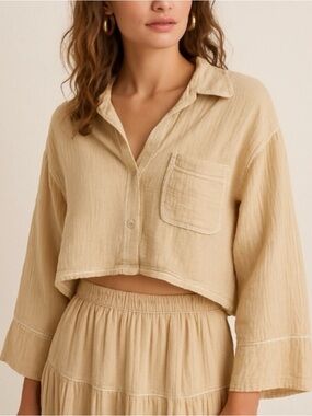 7 For All Mankind Beige Cropped Button-Down Gauzy Oversized Boho Shirt